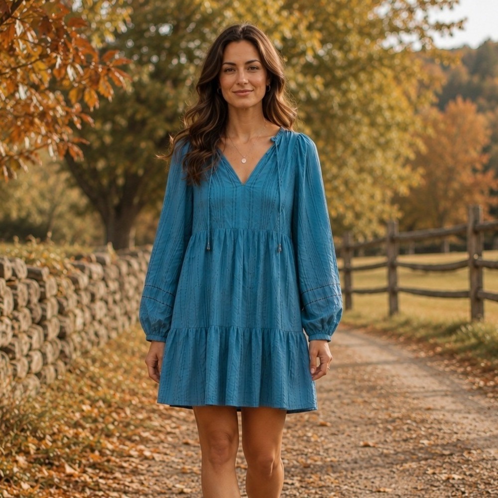 Gentle Fawn Tiered Mini Dress S Teal‎ Blue Boho Peasant Long Sleeve Lightweight